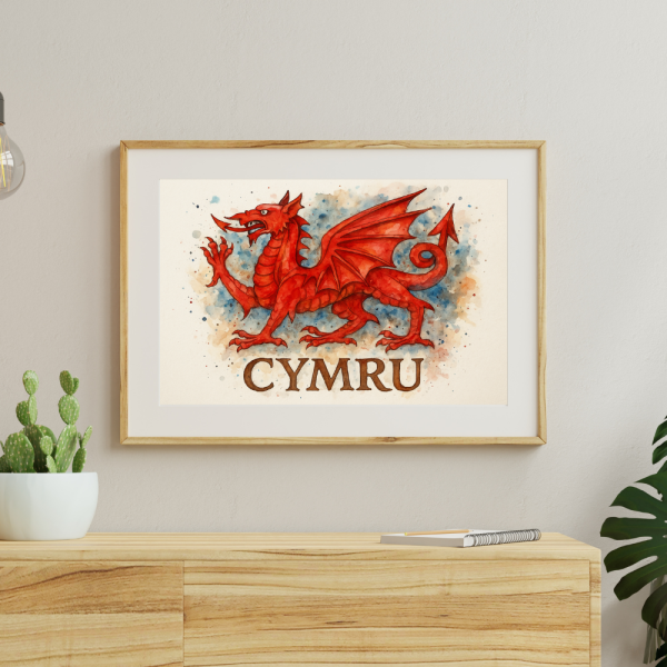 Welsh Dragon CYMRU Watercolor Print | Red Dragon of Wales Poster | Cymru National Symbol Decor | Welsh Gift Idea